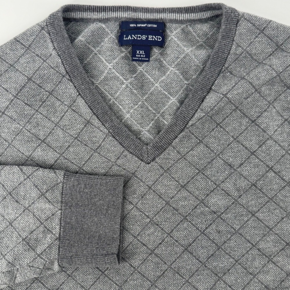 Lands End Mens XXL V Neck Sweater Grey Diamond Knit Supima Cotton Long Sleeve